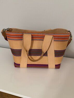 Consuela Tan Leather Tote with Multicolor Stripes